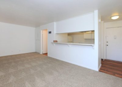 carpeted living area and kitchen at lake meadows