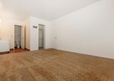 carpeted bedroom with closet and bathroom at lake meadows apartments