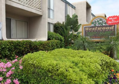 front entrance and sign at westwood apartments